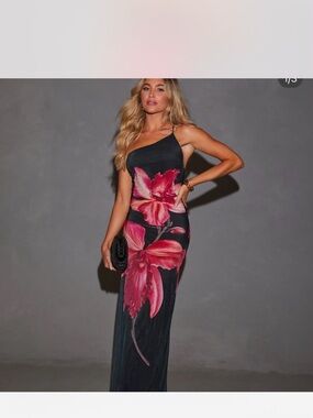 emory park Black Maxi Dress with Pink Floral Print